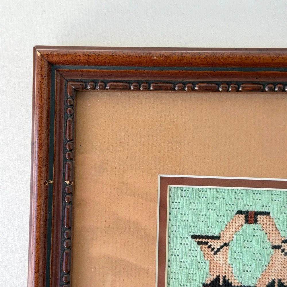 Vintage Needlepoint Framed Southwestern Navajo Pottery Gallery Wall Hanging 8x9